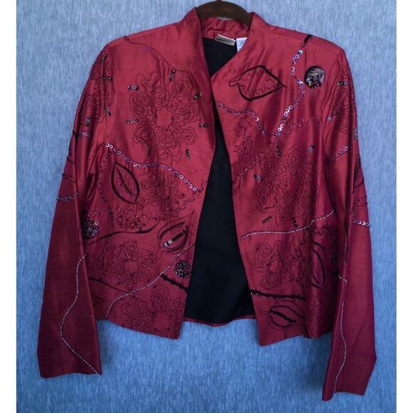 Bleu Bayou Long Sleeve Open Front 100% Silk Beaded Red Jacket Woman' SZ Medium - Picture 2 of 16
